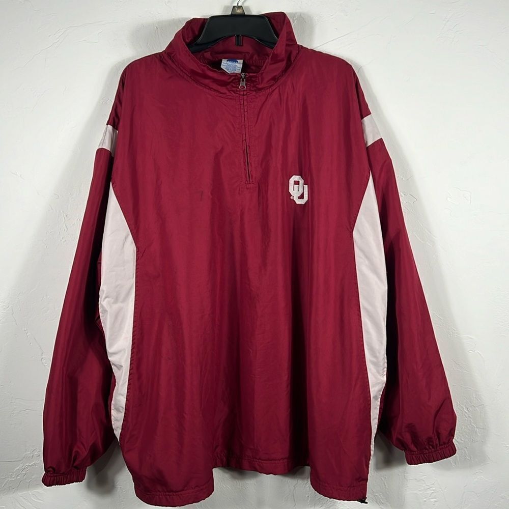 🏈🏈 Vintage OKLAHOMA SOONERS Pullover 1/4 Zip Mesh Lined Windbreaker Jacket 2XL